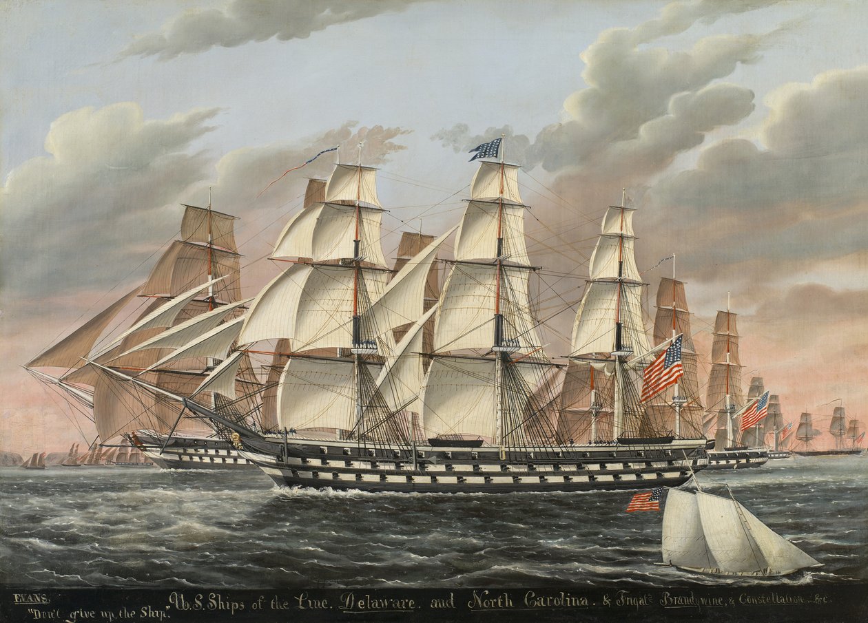 U.S. Ships-of-the-Line and Frigates Delaware and North Carolina, Brandywine, and Constellation, 1848 by James Guy Evans