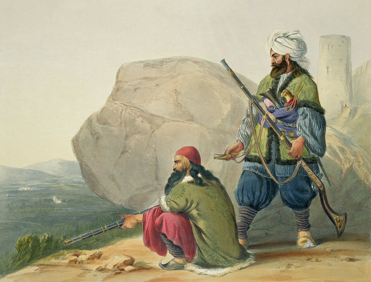 Afghan Foot Soldiers in their Winter Dress, with Entrance to the Valley of Urgundeh, plate 11 from 