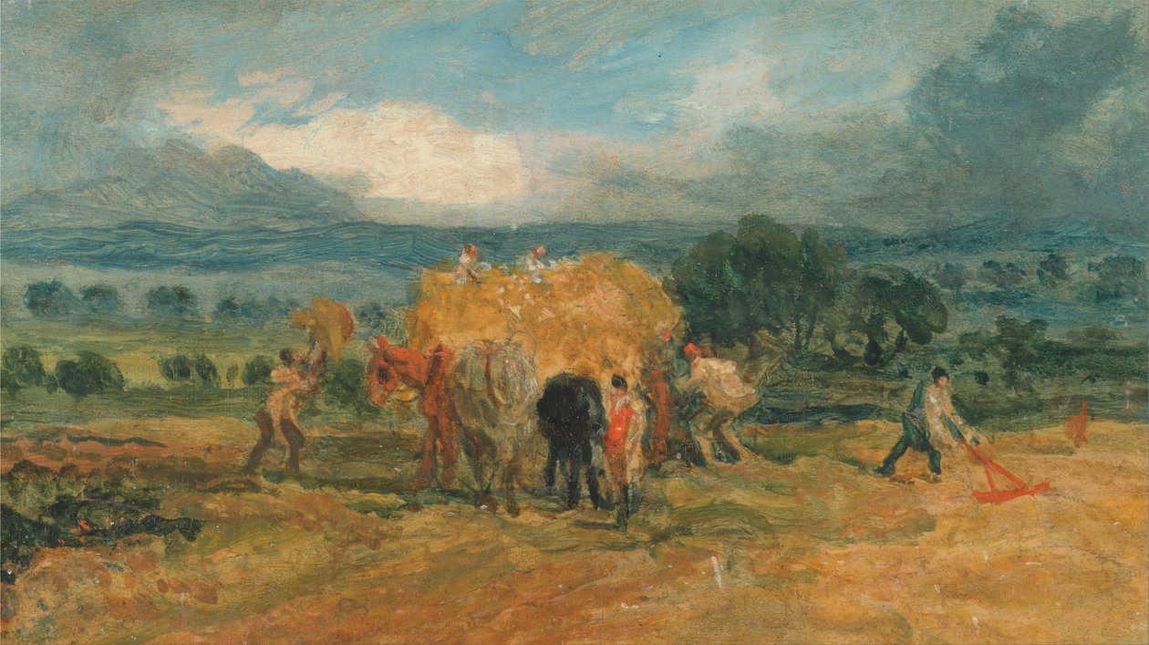 A Harvest Scene with Workers Loading Hay onto a Farm Wagon by James Ward