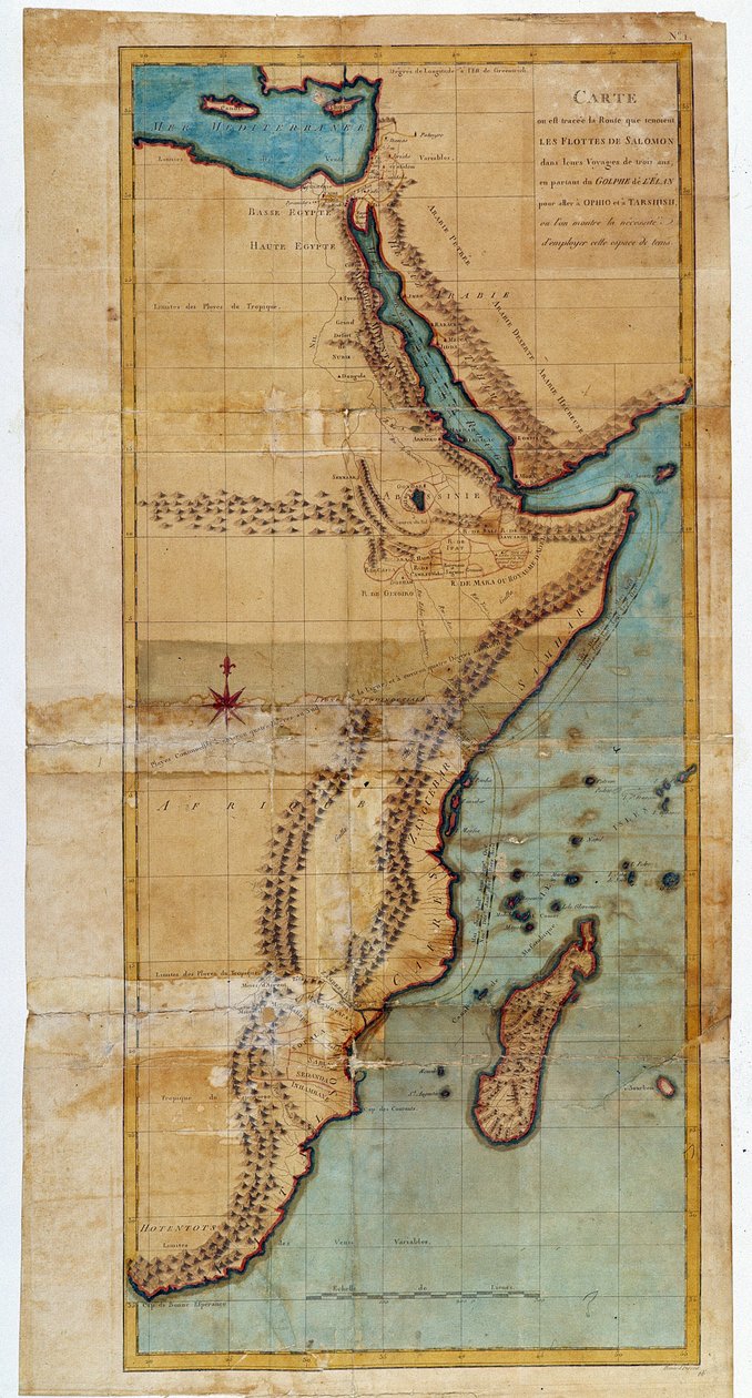 Map of East Africa (map of the route that Solomon fleets took) - in Journey to Nubia and Abyssinia undertaken to discover the sources of the Nile during the years 1768 to 1772, by James Bruce, Paris by James Bruce