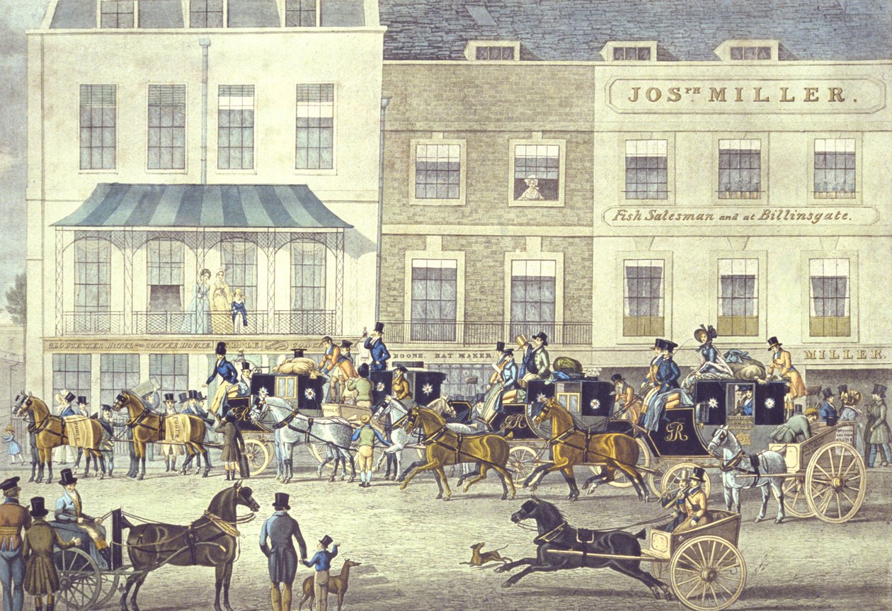 West Country Mail at the Gloucester Coffee House, Piccadilly by James (after) Pollard