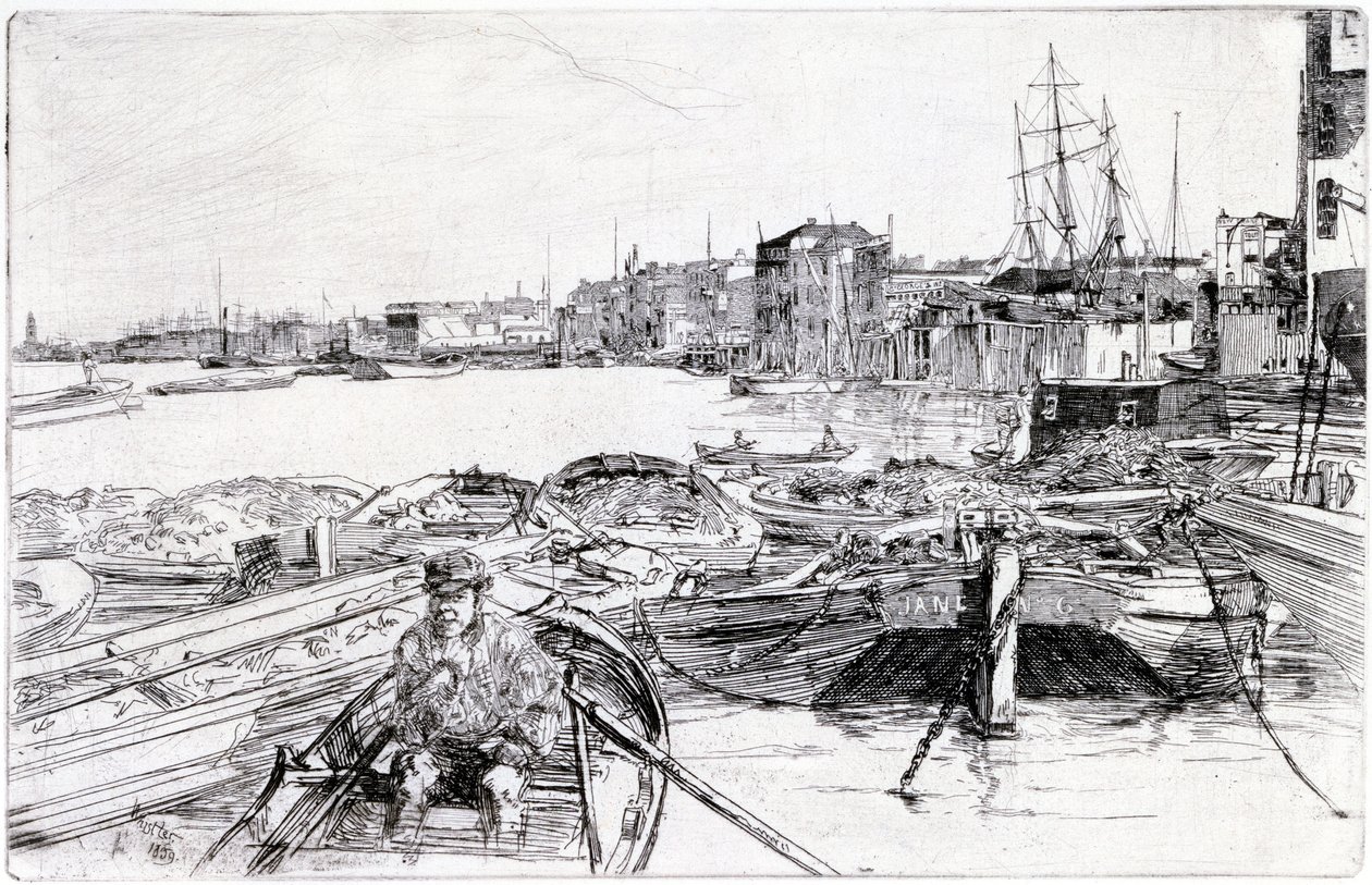View of the Thames, Over the London Basin (England), in 1859, Belongs to a Series of Engravings on the Thames, Which Highlights the Community of Maritime Workers in the English Capital by James Abbott McNeill Whistler