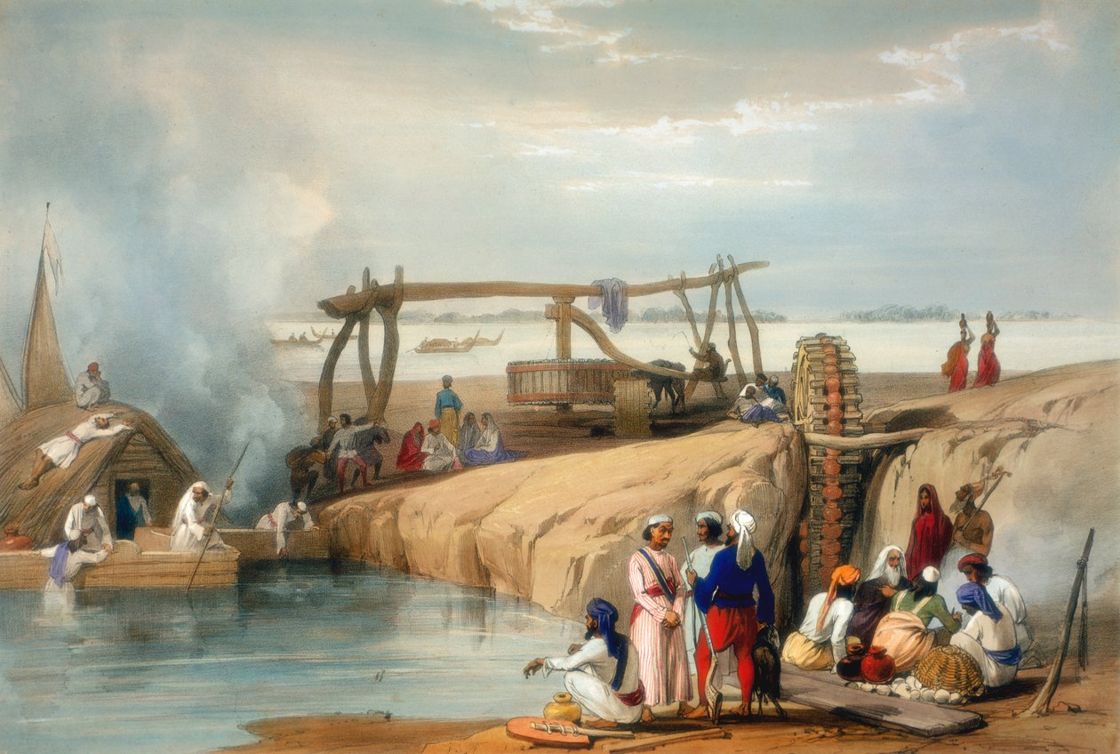Persian wheel raising water from the Sutlej River, Punjab by James Atkinson