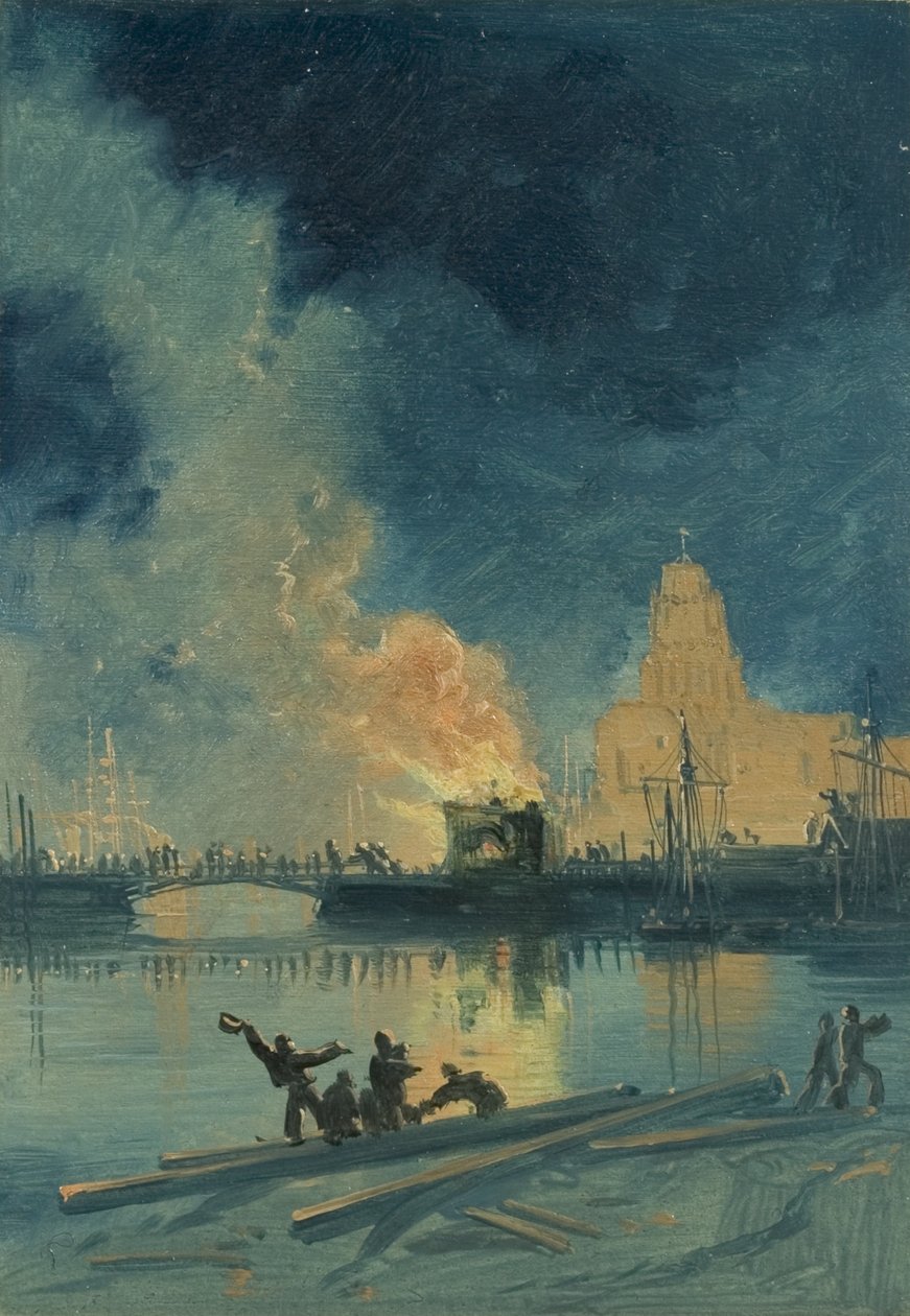 Bristol Riots: Burning Toll House on Prince Street Bridge by James Baker Pyne