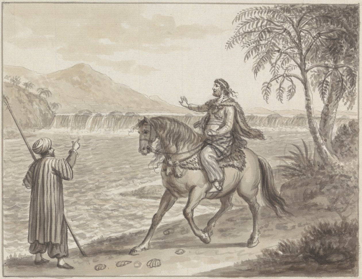 Horseman Approaching Traveller Beside River by James Bruce