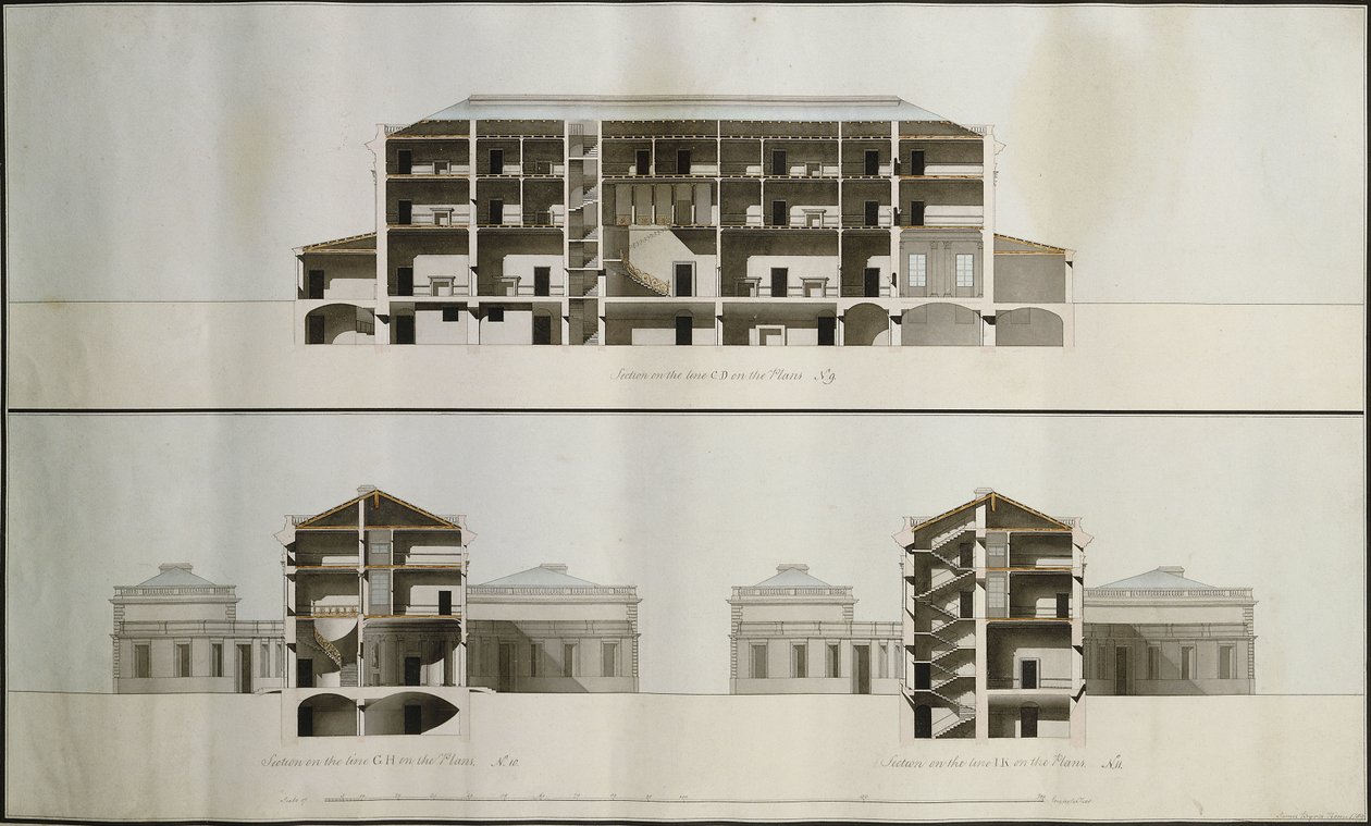 Designs for a Neo-Classical House for Lord Charleville: Three Sections by James Byres