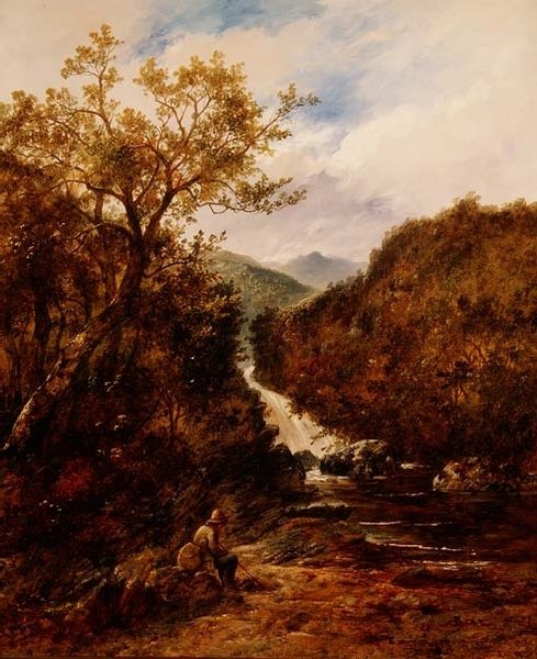 Angler by a Wooded Waterfall by James Charles Ward