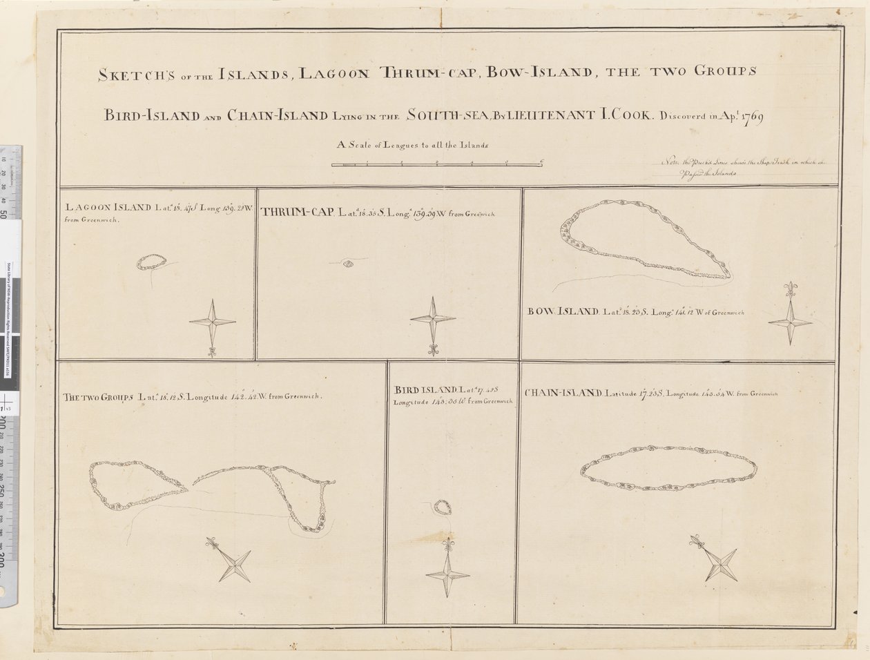 Sketches of the islands Lagoon, Thrum-Cap, Bow-Island, the Two Groups, Bird Island and Chain Island, lying in the South Sea, discovered in April 1769 by James Cook