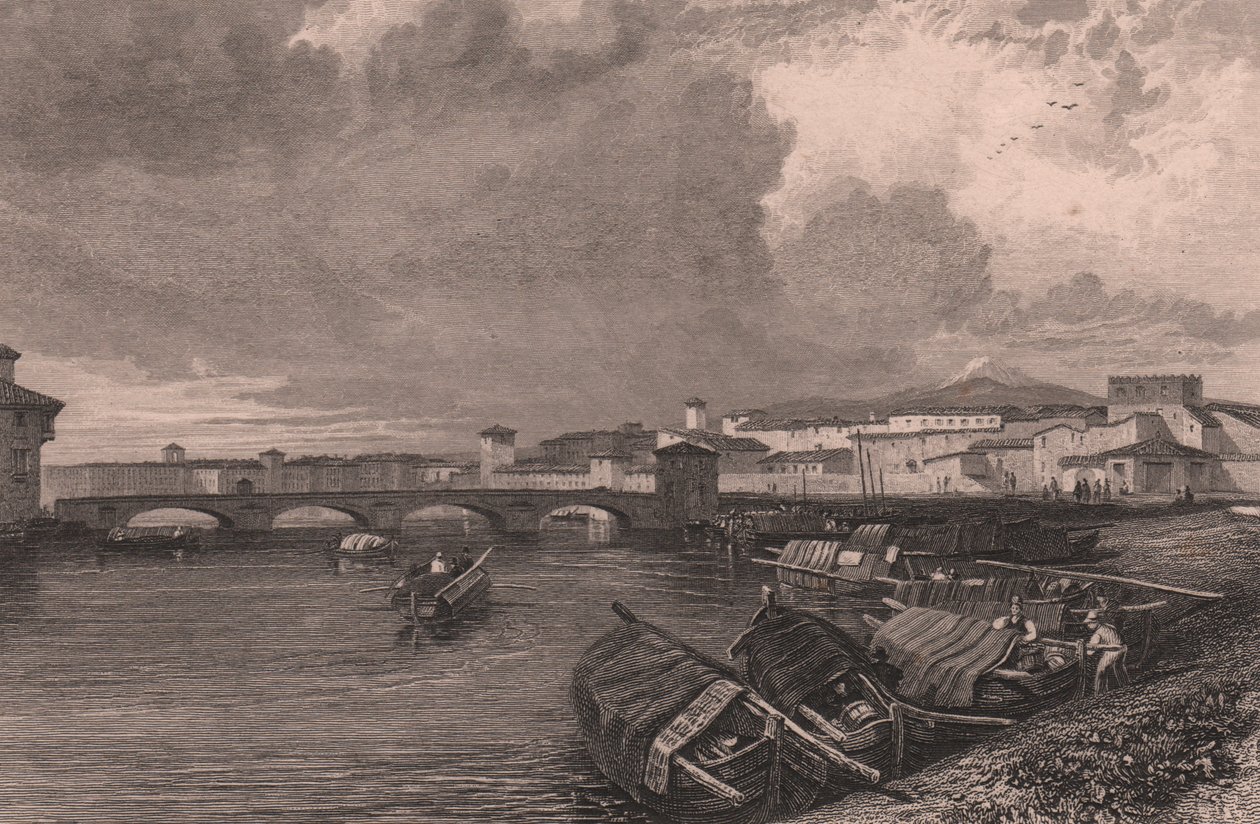 View of Arno River in Pisa, Tuscany, Italy, steel engraving by Thomas Higham after drawing by James Duffield Harding by James Duffield Harding