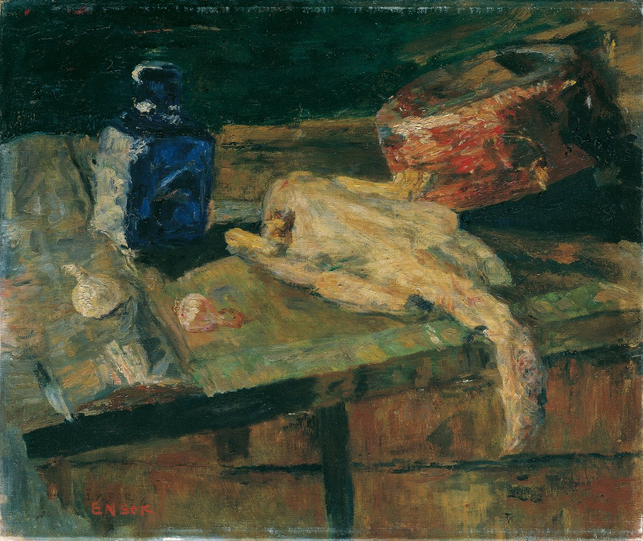 Still Life with Blue Bottle and Plucked Chicken by James Ensor