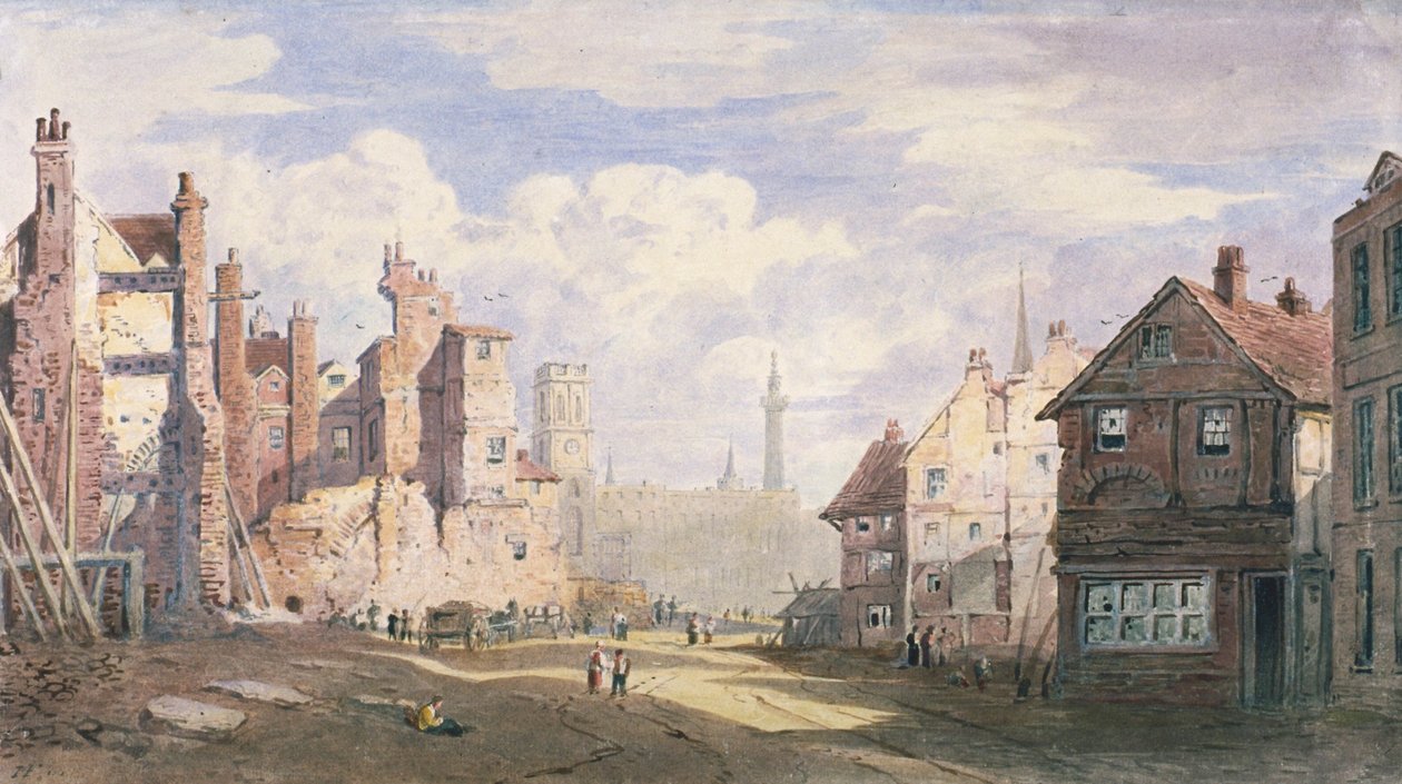 Demolition of Old Houses Near Walbrook to Make Way for King William Street, City of London, 1834 by James Fahey