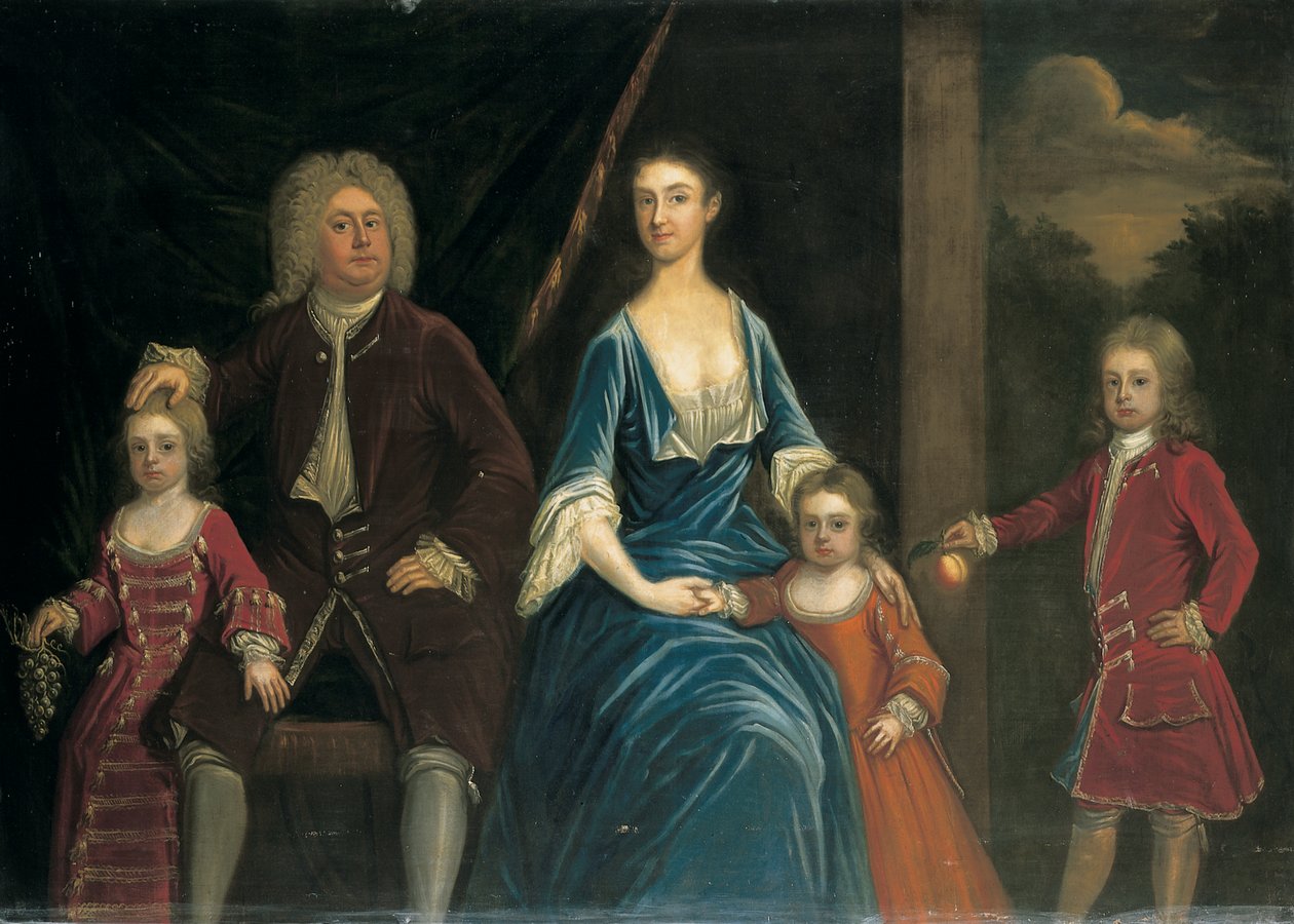 Group Portrait of Henry, 5th Lord Arundell of Wardour and His Wife Elizabeth, Together with Their Children, in an Interior, a Landscape Beyond by James Francis Maubert