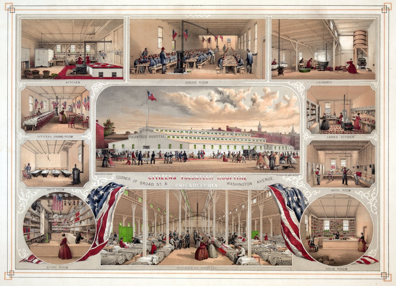 Poster for the Citizens Volunteer Hospital, Philadelphia, pub. 1862 by James Fuller Queen