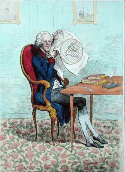 A Keen-Sighted Politician finding out the British Conquests, published by Hannah Humphrey in 1795 by James Gillray