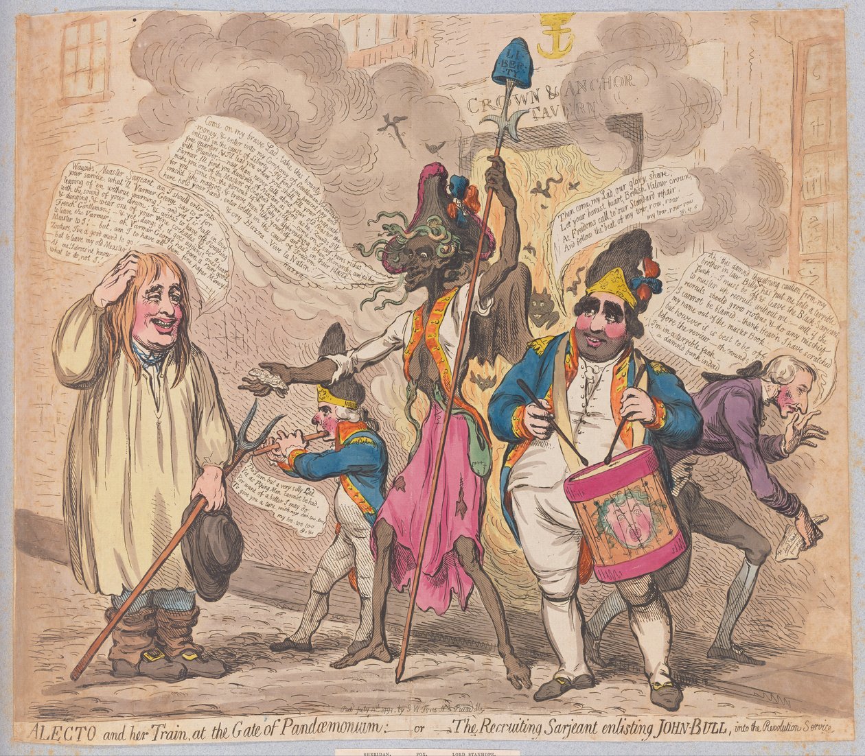 Alecto and her Train at the Gate of Pandaemonium or The Recruiting Sergeant enlisting John Bull into Revolution Service by James Gillray