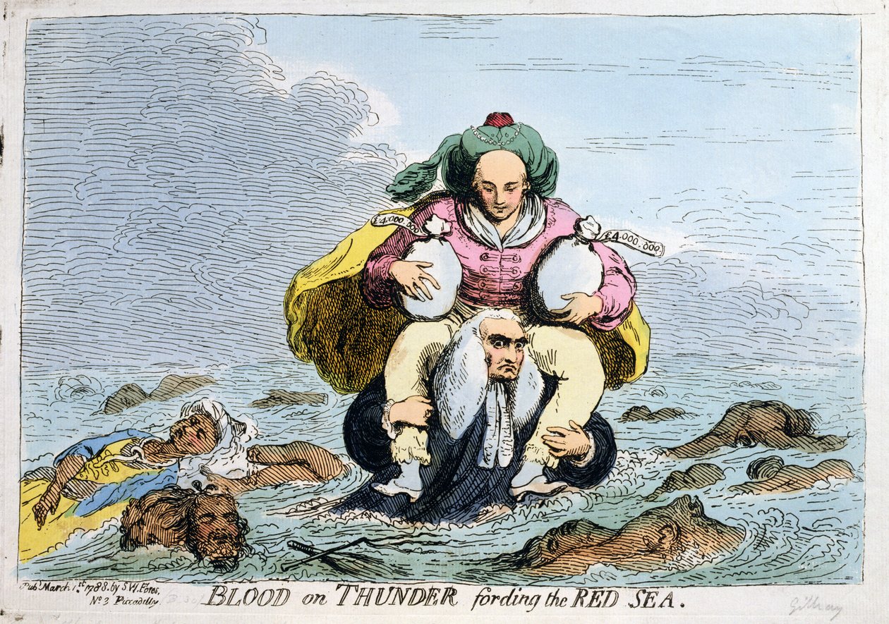 Blood on Thunder Fording the Red Sea, published by S.W. Fores in 1788 by James Gillray
