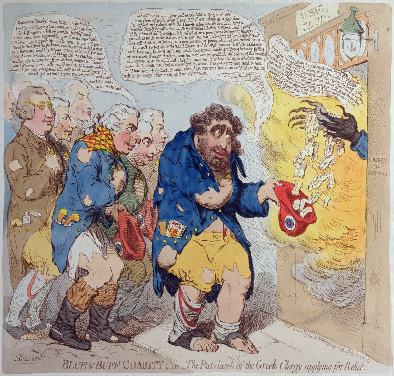 Blue and Buff Charity, or The Patriarch of the Greek Clergy applying for Relief by James Gillray