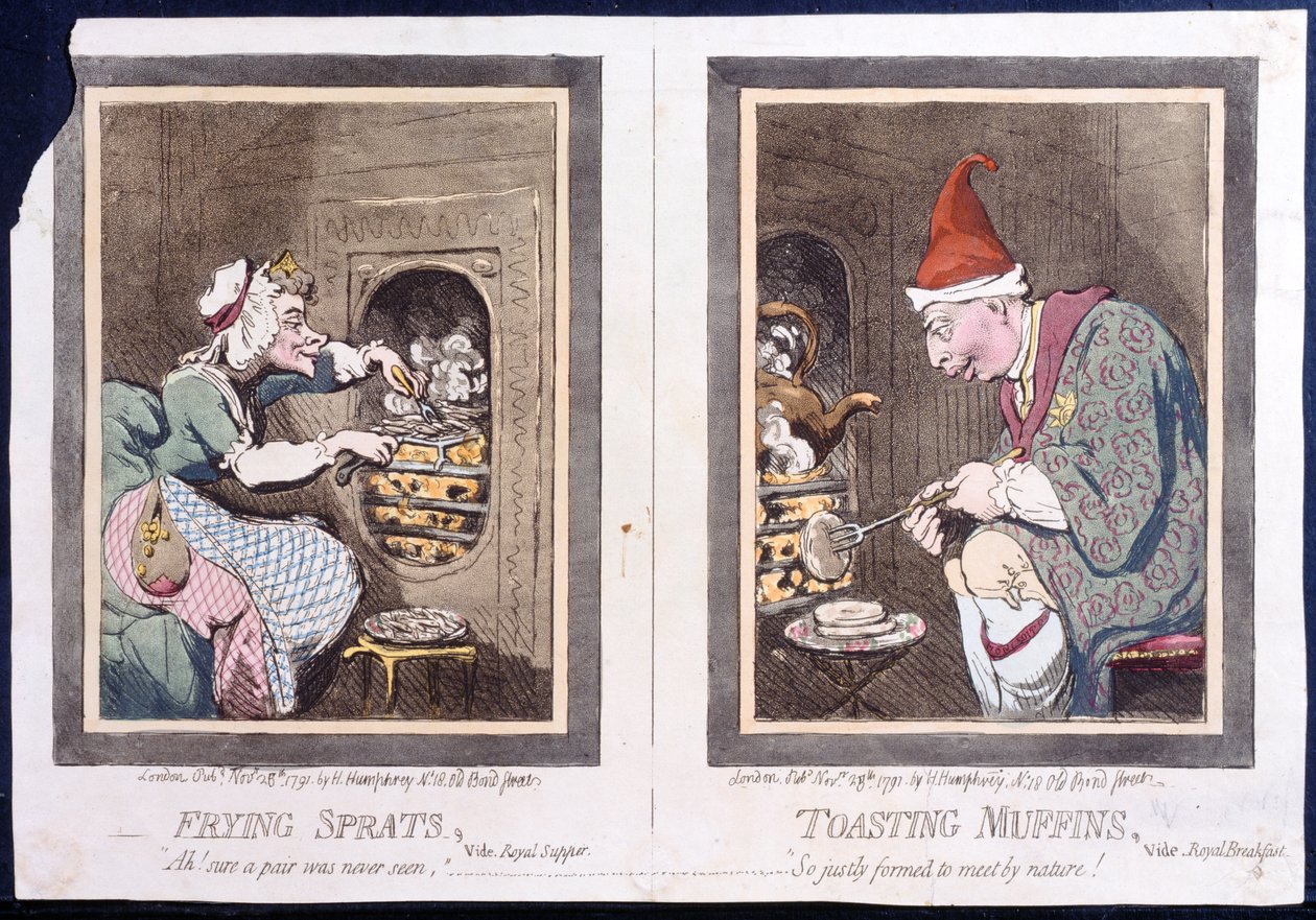 Frying Sprats, or Royal Supper, and Toasting Muffins, or Royal Breakfast by James Gillray