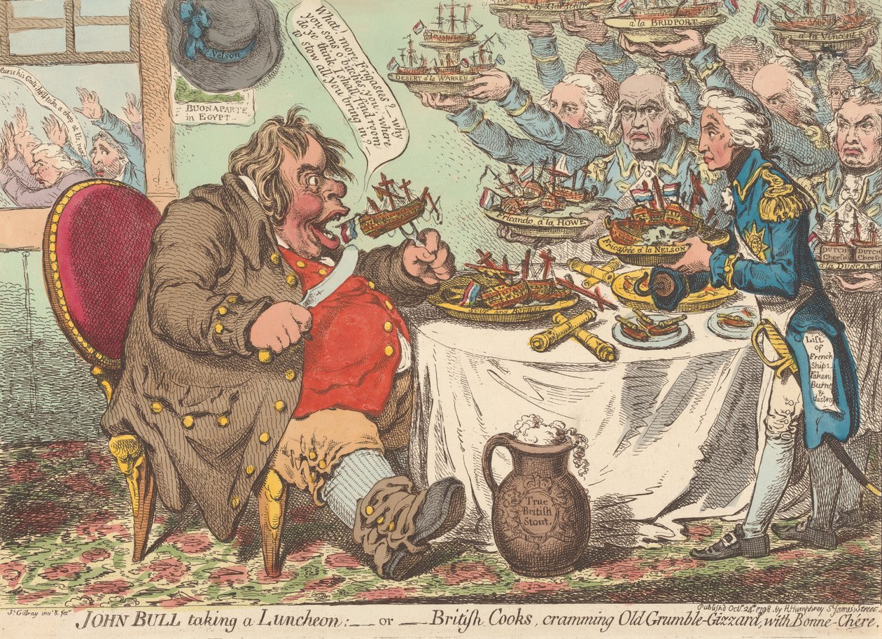 John Bull Taking a Luncheon; or British Cooks, Cramming Old Grumble-Gizzard with Bonne-Chere (from: Caricature, vol. 1) by James Gillray