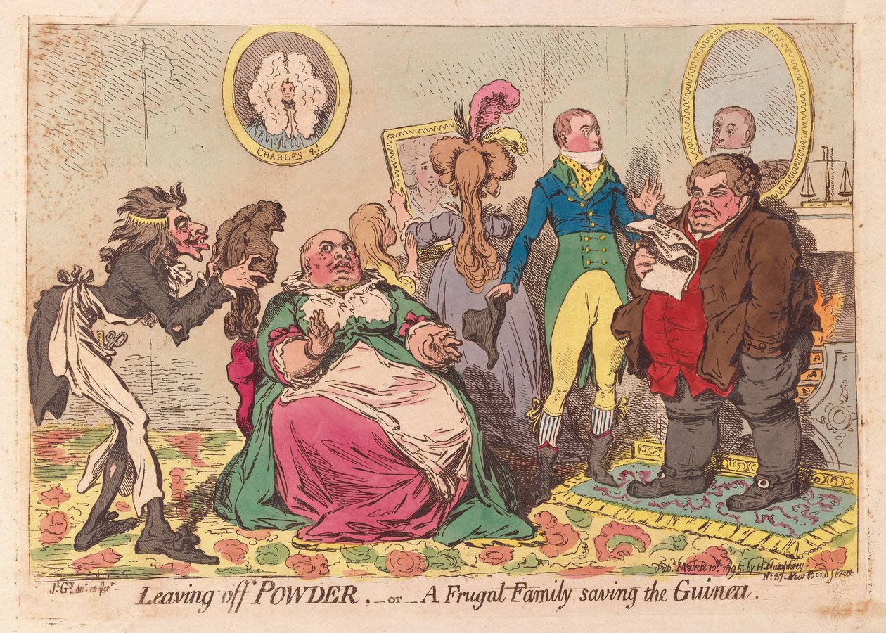 Leaving off Powder, or a Frugal Family saving the Guinea, pub. 1795 by James Gillray