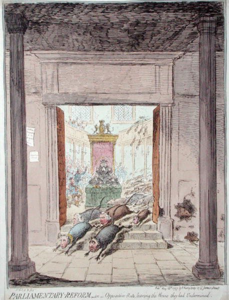 Parliamentary Reform, or Opposition Rats leaving the House they had Undermined by James Gillray