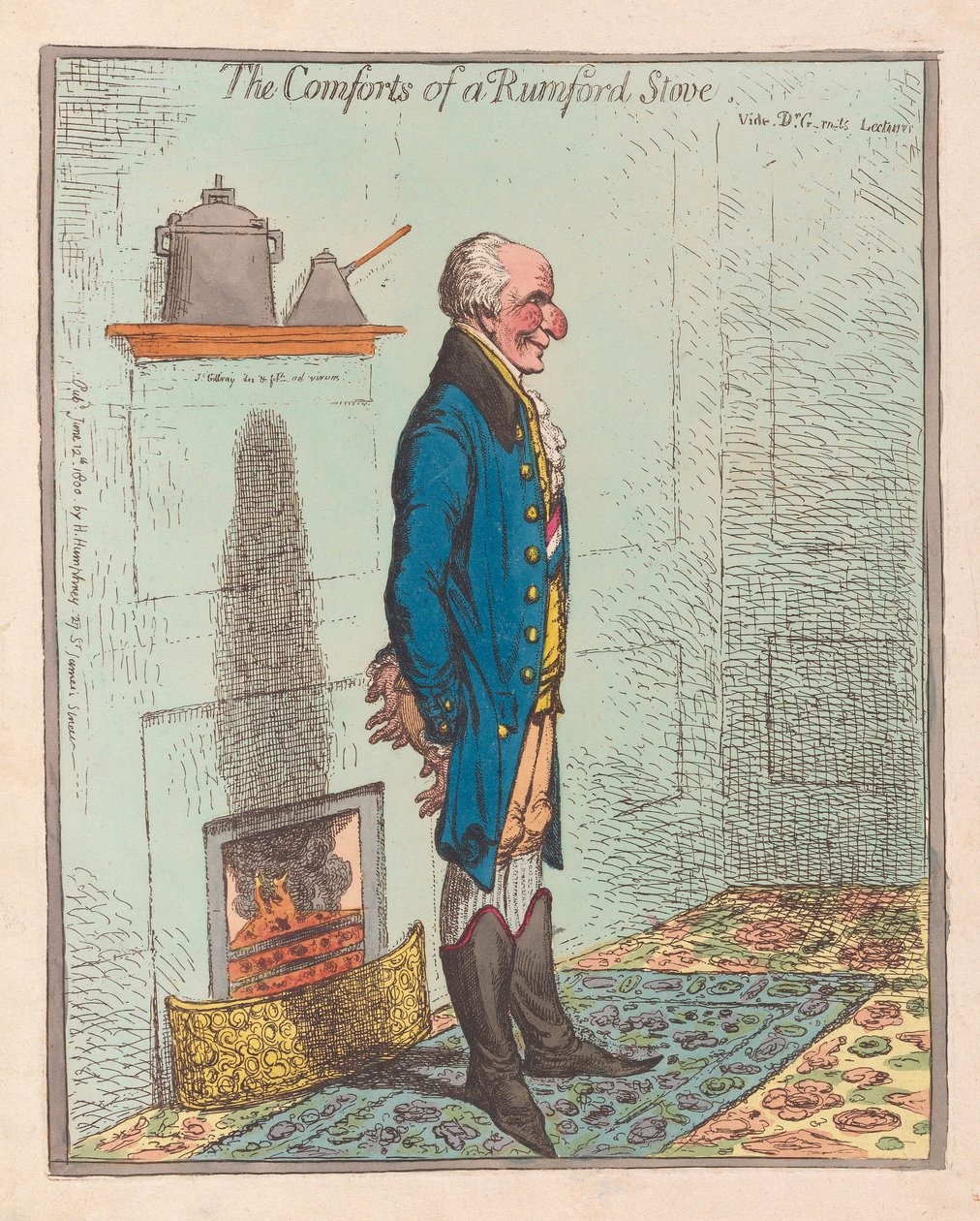 The Comforts of a Rumford Stove, pub 1800 by James Gillray