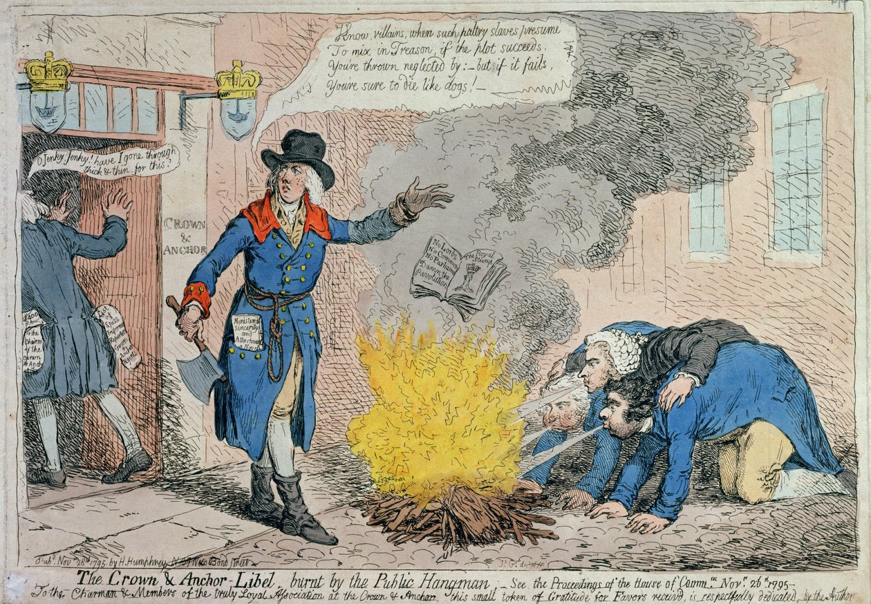 The Crown and Anchor Libel burnt by the Public Hangman, published by Hannah Humphrey in 1795 by James Gillray