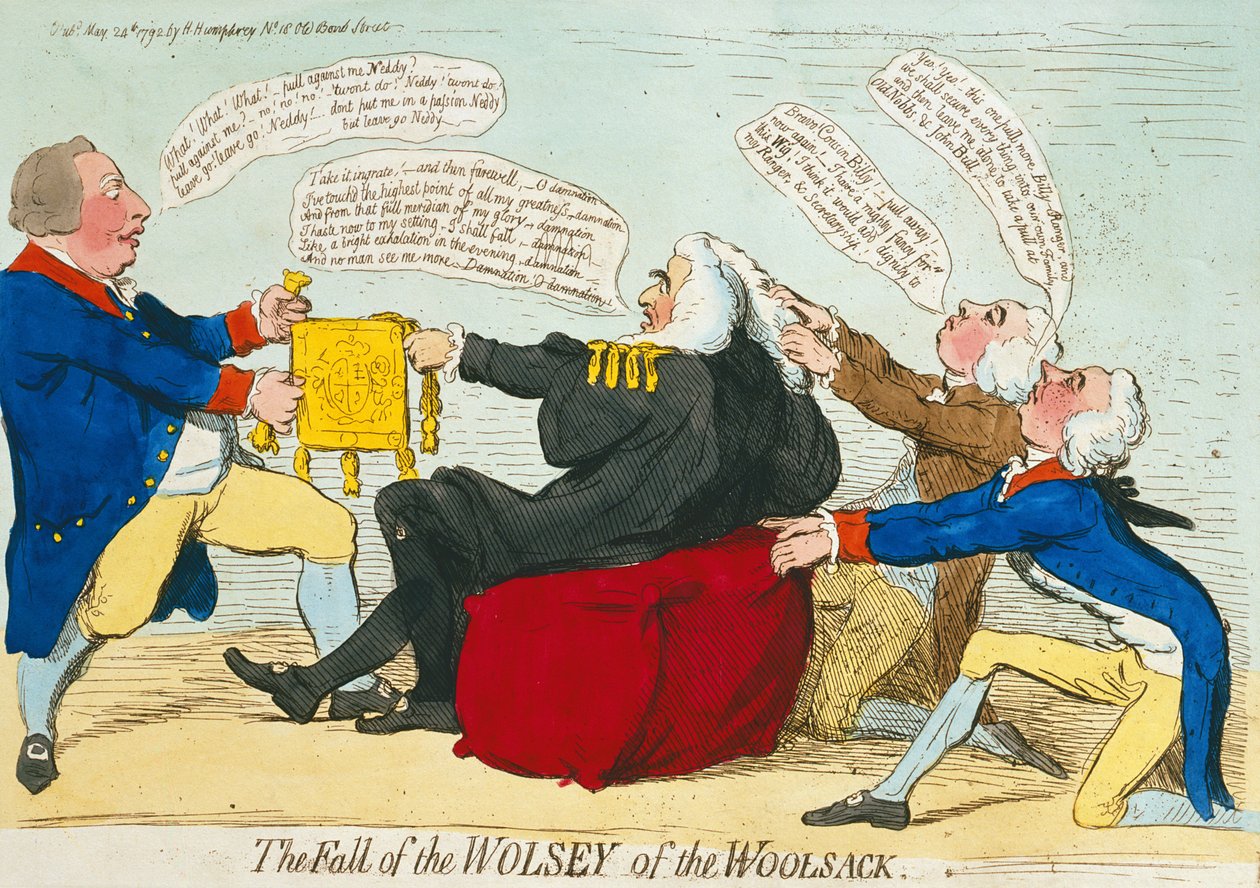 The Fall of the Wolsey of the Woolsack, published by Hannah Humphrey (hand-coloured etching) by James Gillray