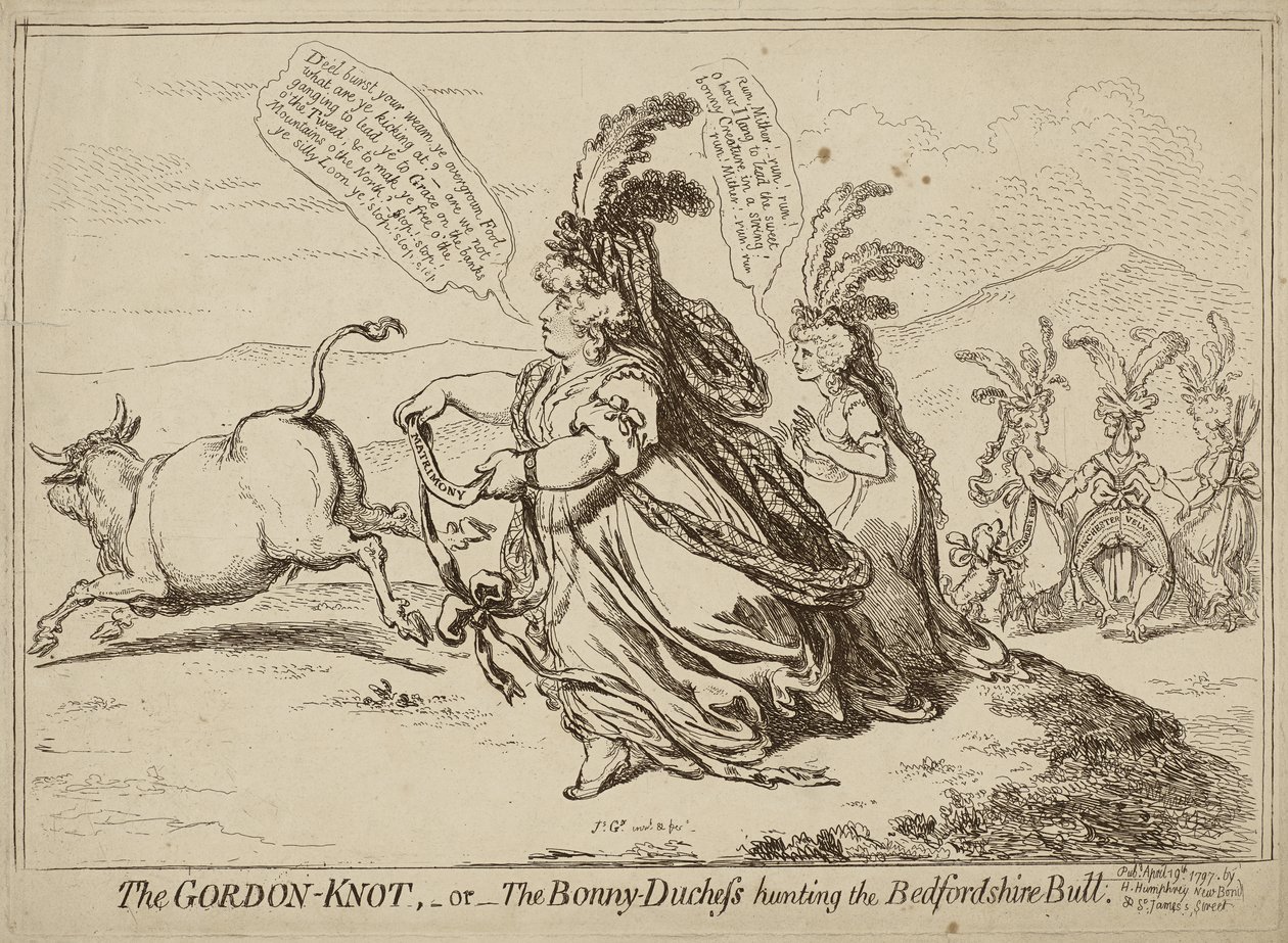 The Gordon Knot or The Bonny-Duchess Hunting the Bedfordshire Bull, published April 29, 1797 (etching on wove paper) by James Gillray