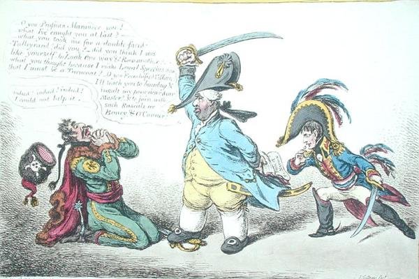 The Magnanimous Minister Chastising Prussian Perfidy, published by Hannah Humphrey in 1806 by James Gillray