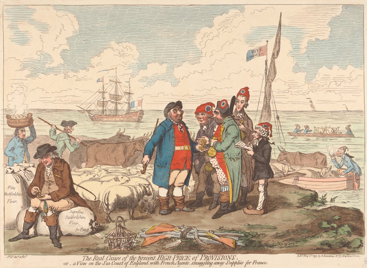 The Real Cause of the Present High-Price of Provisions or A View on the Sea Coast of England, with French Agents Smuggling Away Supplies for France by James Gillray