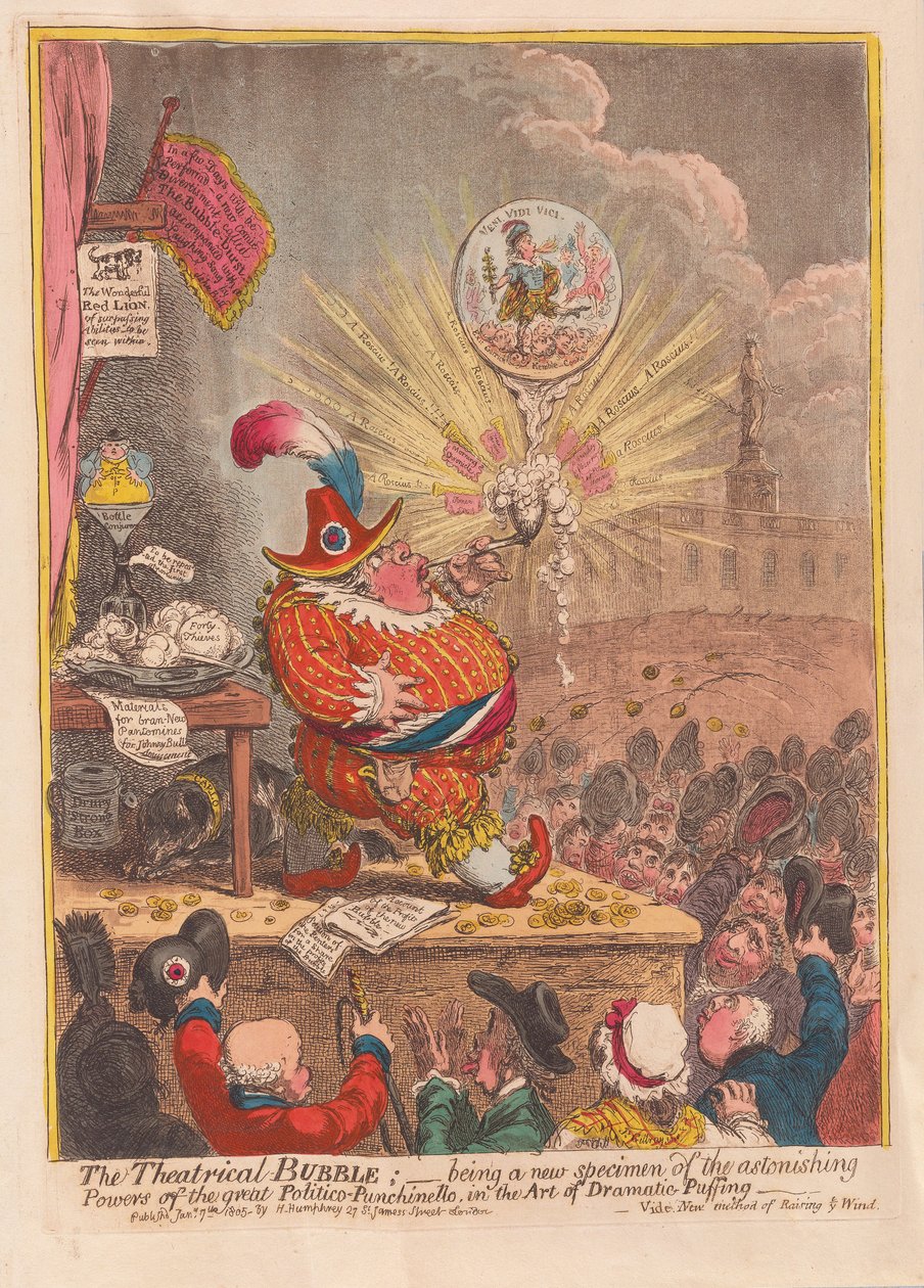 The Theatrical Bubble: Being a New Specimen of the Astonishing Powers of the Great Politico-Punchinello in the Art of Dramatic Puffing by James Gillray
