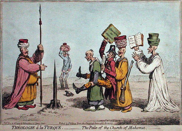 Theologie a la Turque, The Pale of the Church Mahomet, published by Hannah Humphrey in 1799 by James Gillray