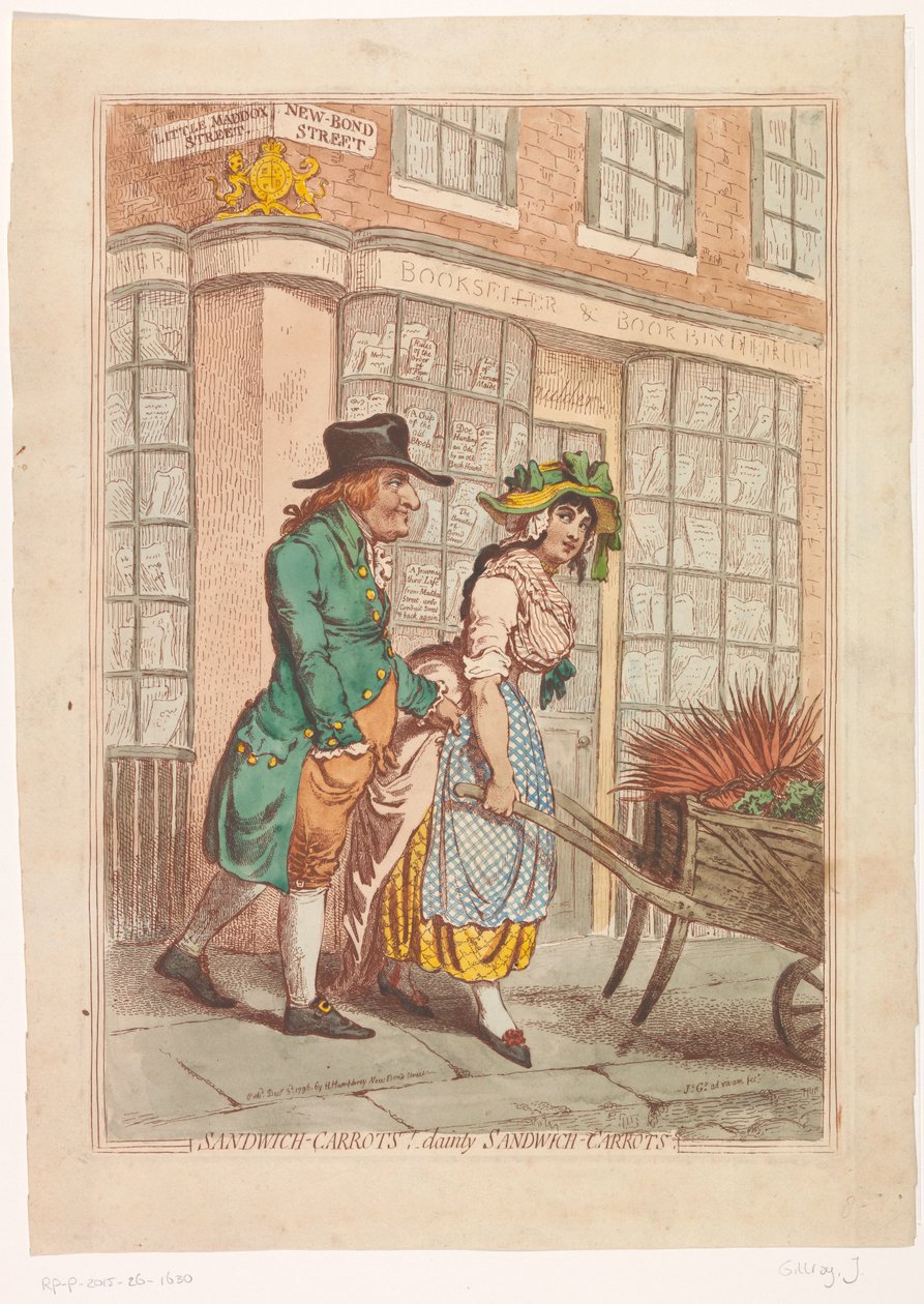 Woman with a Wheelbarrow of Carrots in Front of Bookseller Robert Faulder
