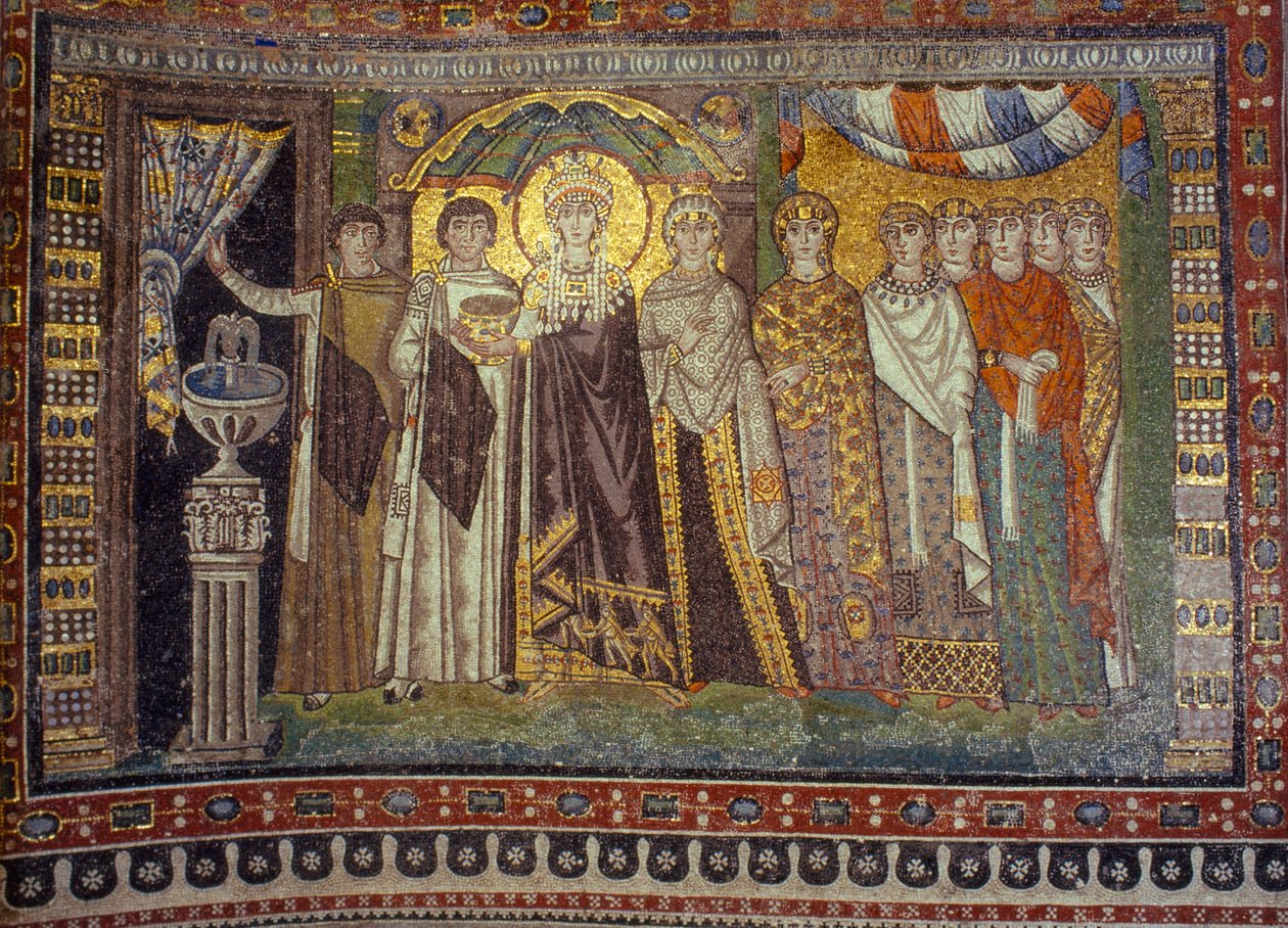 Mosaics show the Empress Theodora flanked by her attendants. San Vitale Church, Ravenna, Italy. by James L Stanfield