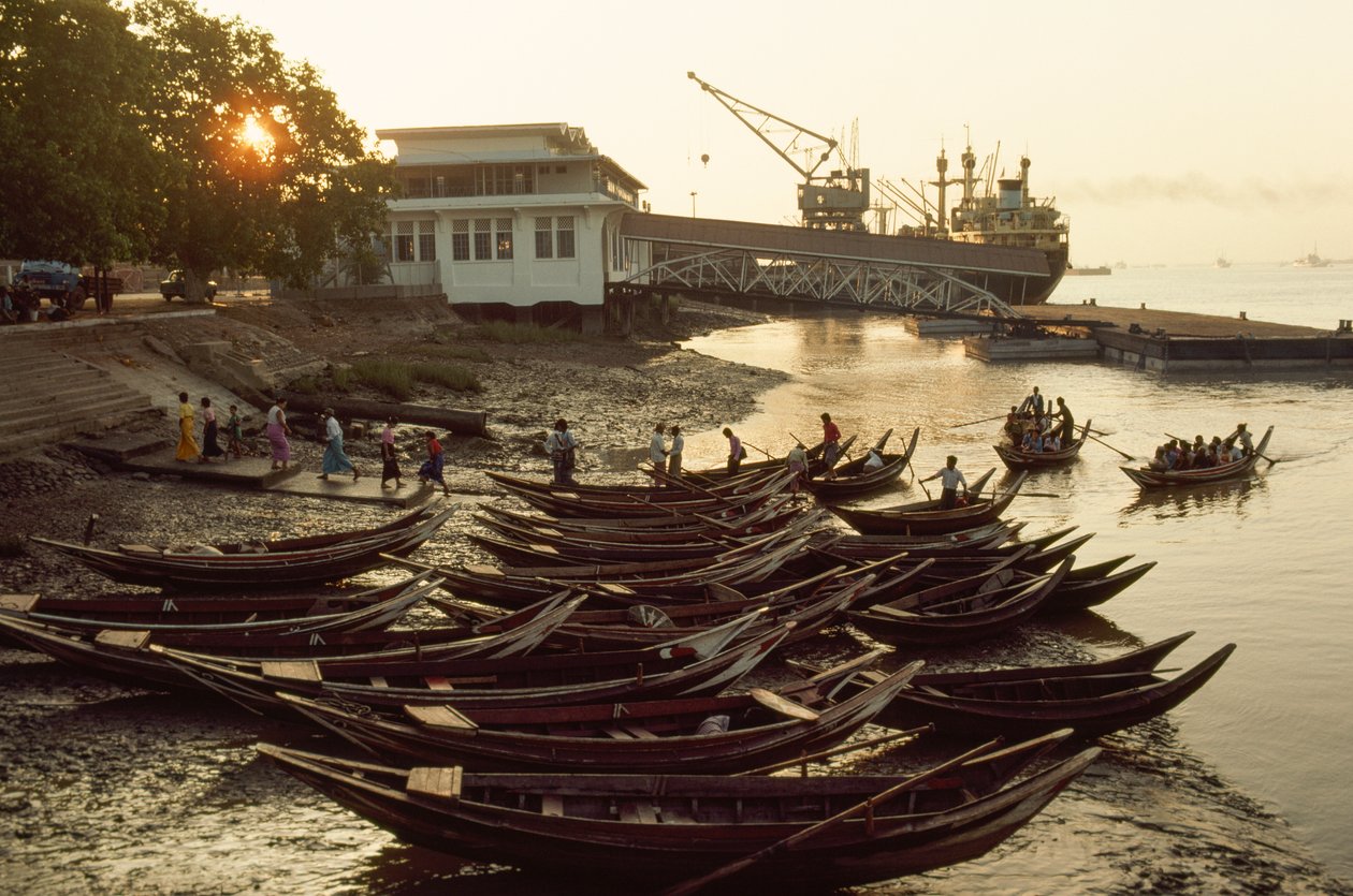Sampans Crowd the Muddy Beach at Nantira Jetty, Rangoon, Burma by James L Stanfield