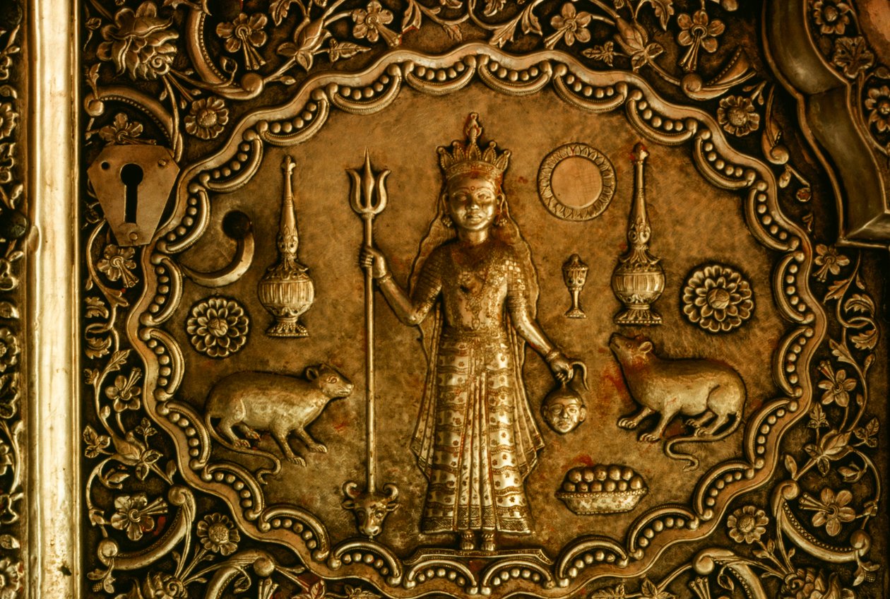 Sculptured rats flank the goddess Bhagwati Karniji on a silver door by James L Stanfield