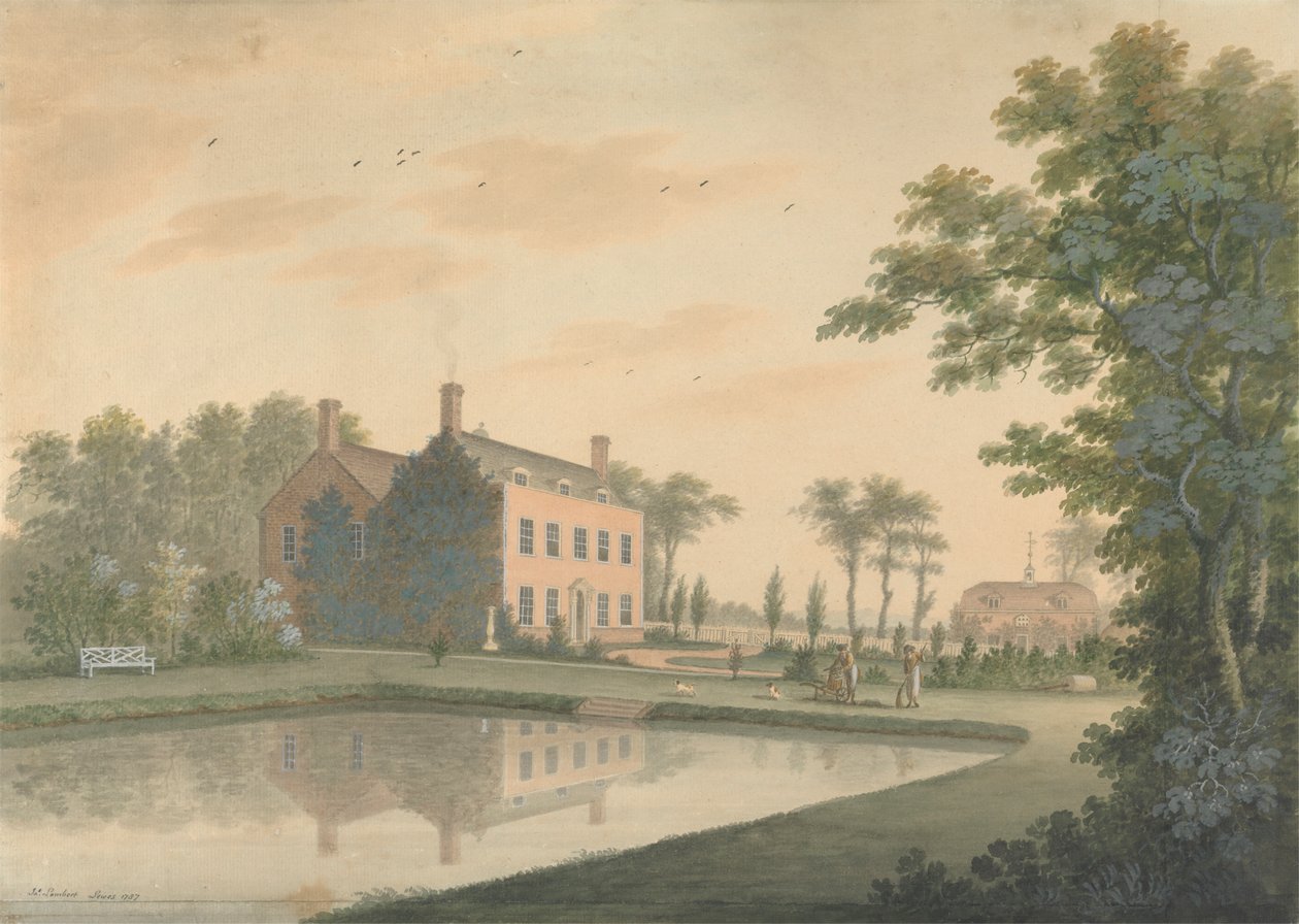 South View of a House at Ringmer with Gardeners at Work by James Lambert  of Lewes