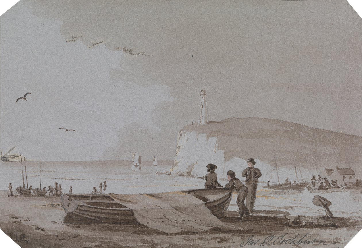 Coastal Scene with Figures, Boats, Lighthouse, etc. by James Pattison Cockburn