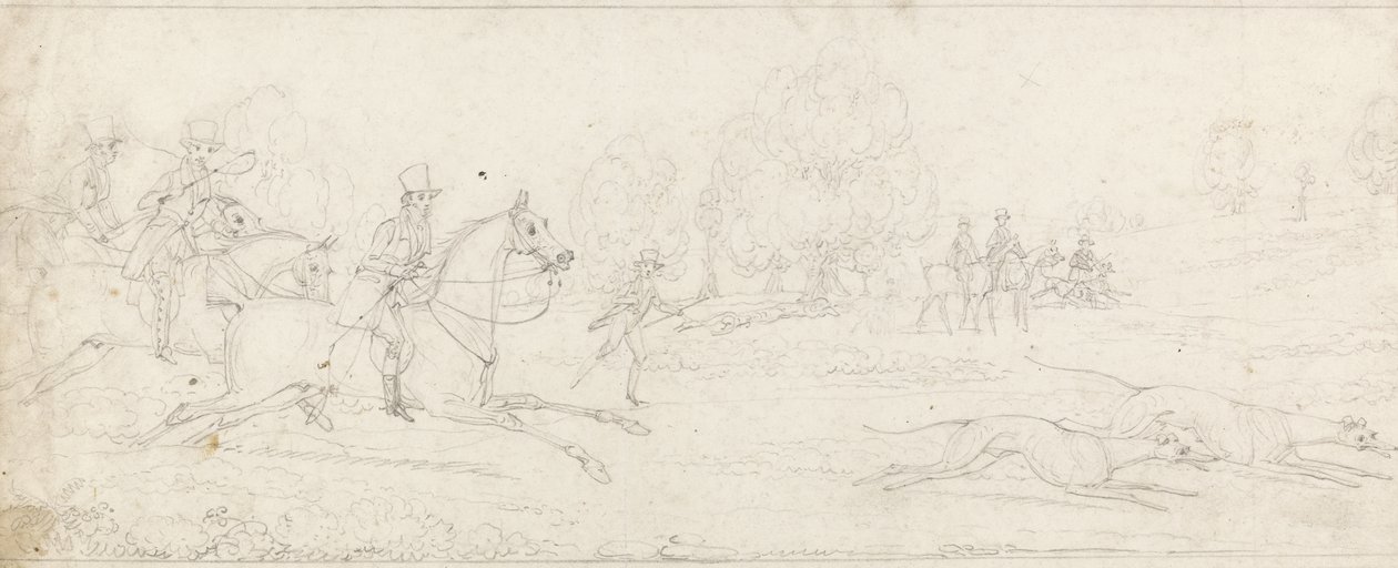 Coursing, a group of riders galloping from left after a couple of greyhounds by James Pollard