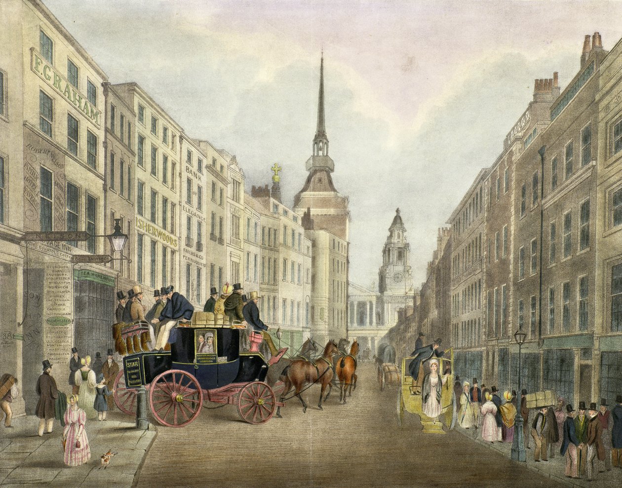 The Cambridge Coach Leaving Belle Sauvage Yard, Ludgate Hill by James Pollard