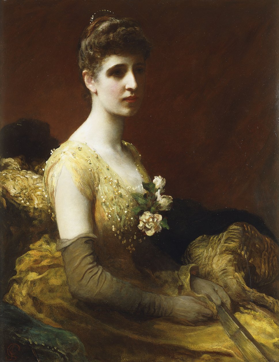 Portrait of Lady Dixon of Rheda, three-quarter length, seated wearing a Yellow Dress with Flowers holding a Fan by James Sant