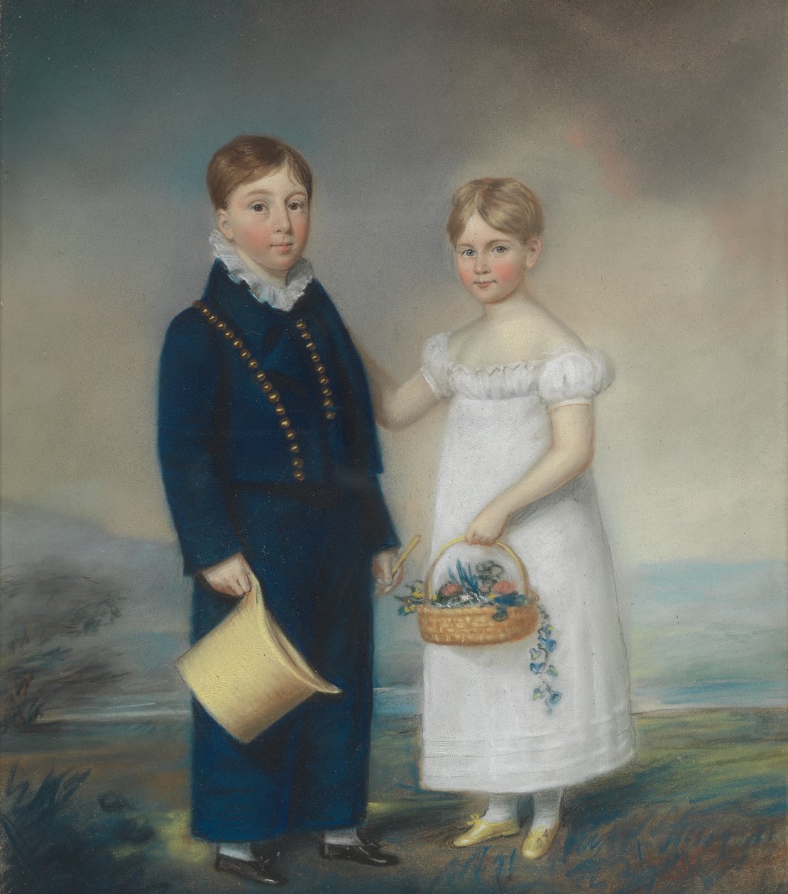 Boy Holding a Hat and Girl Holding a Basket of Flowers, Standing in a Landscape by James Sharples