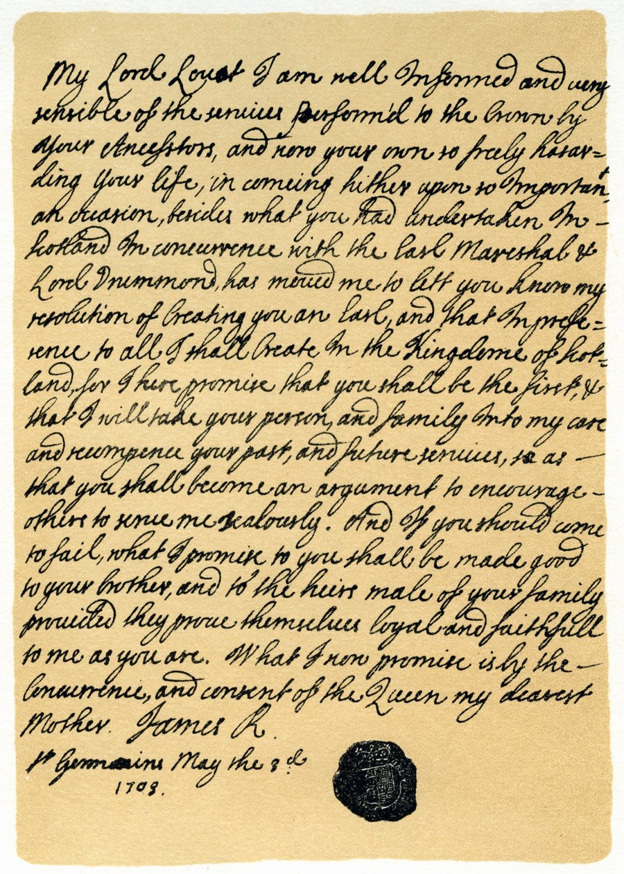 Letter from James Edward Stuart to Simon Fraser, Lord Lovat, St Germains, 3rd May 1703 by James Stuart