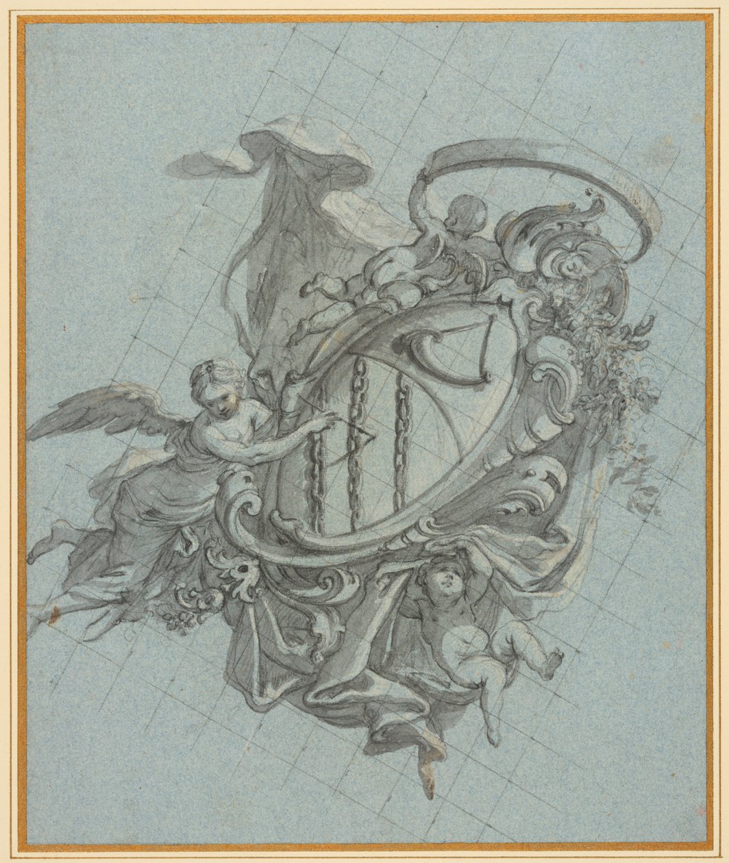 A coat of arms with a horn and three chains held up by an angel and two putti by James Thornhill