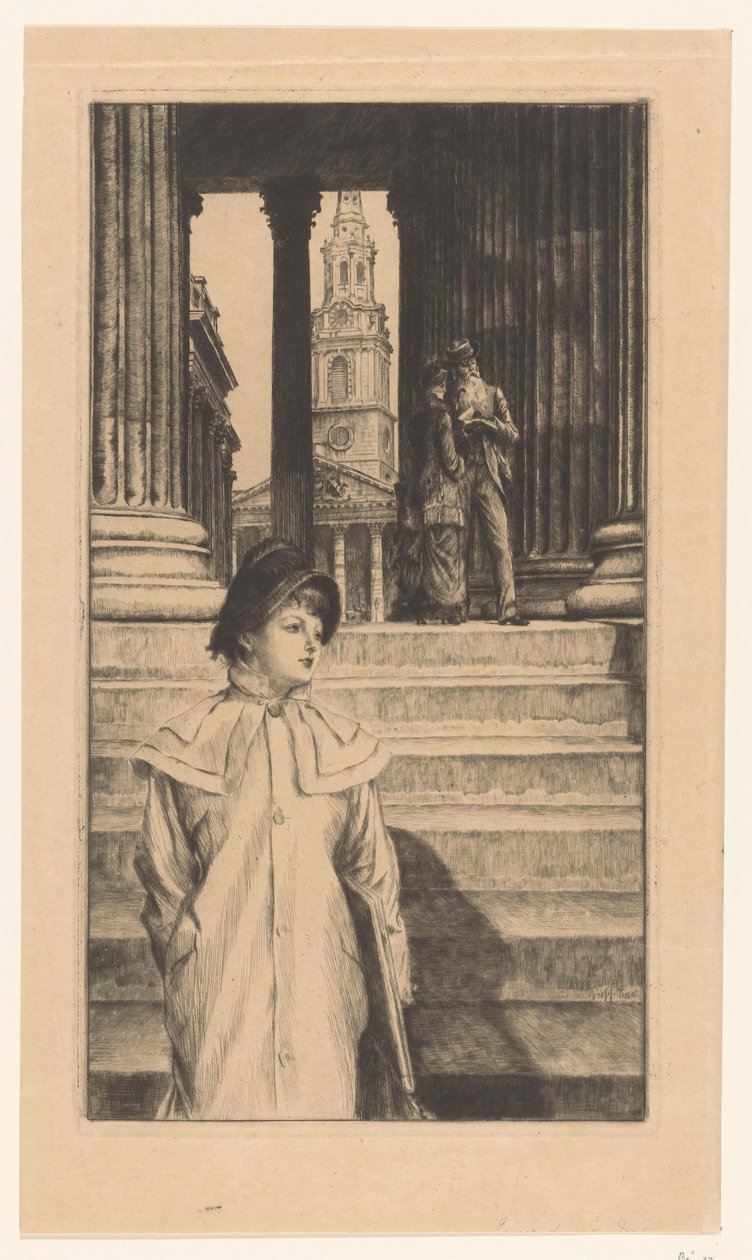 Young Woman Descending the Stairs of the National Gallery in London by James Tissot