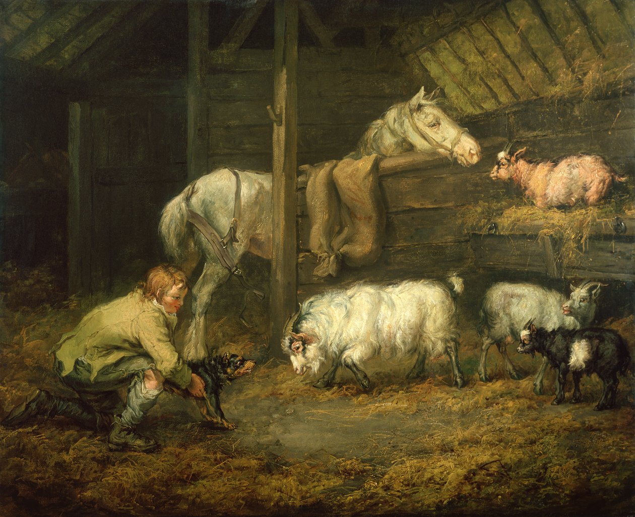 Young Boy and His Dog in a Stable with a Horse and Sheep by James Ward