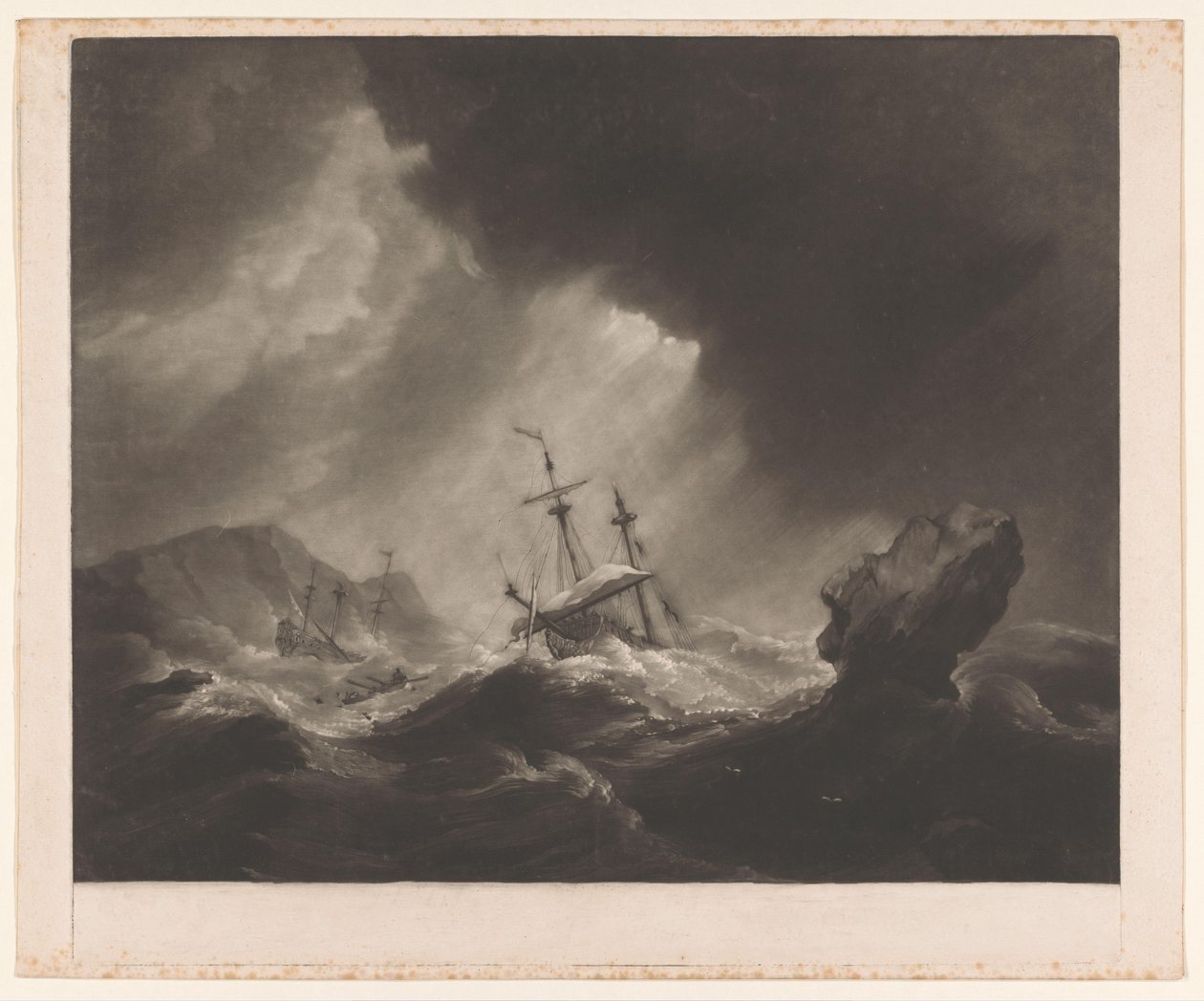 Storm at sea with shipwreck and sinking ship by James Watson (prentmaker)