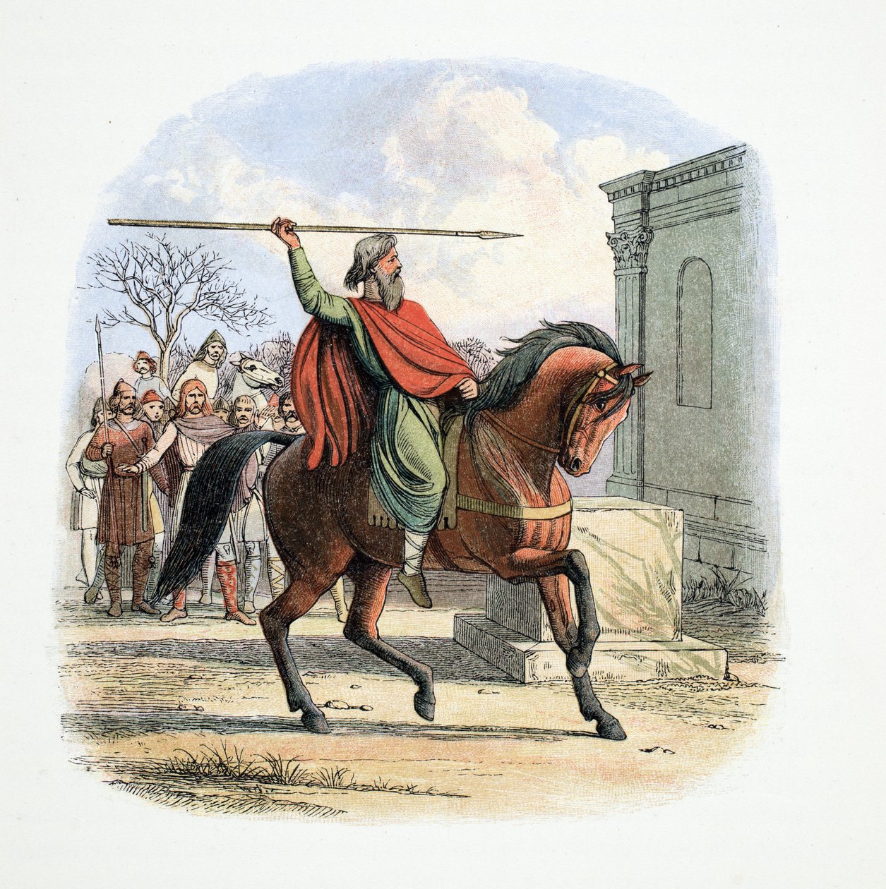 The High Priest, Coifi, profanes the Temple of the Idols, 627 AD, from A Chronicle of England BC 55 to AD 1485, pub. London, 1863 by James William Edmund Doyle