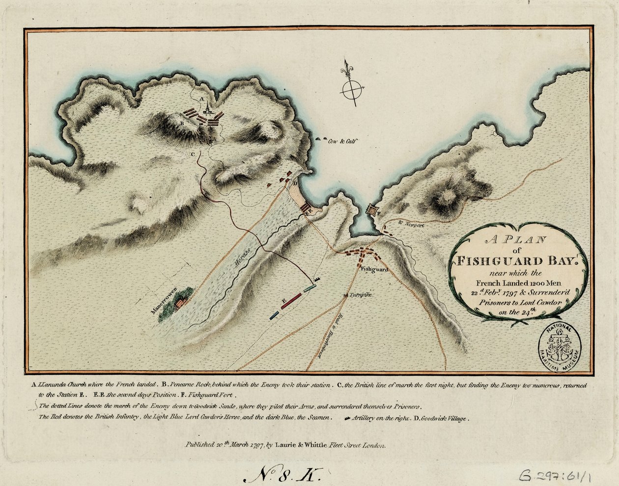 A Plan of Fishguard Bay Near Which the French Landed 1200 Men 22nd February 1797 and Surrendered Prisoners to Lord Cawdor on the 24th by James and Laurie Robert (1755 1836) Whittle